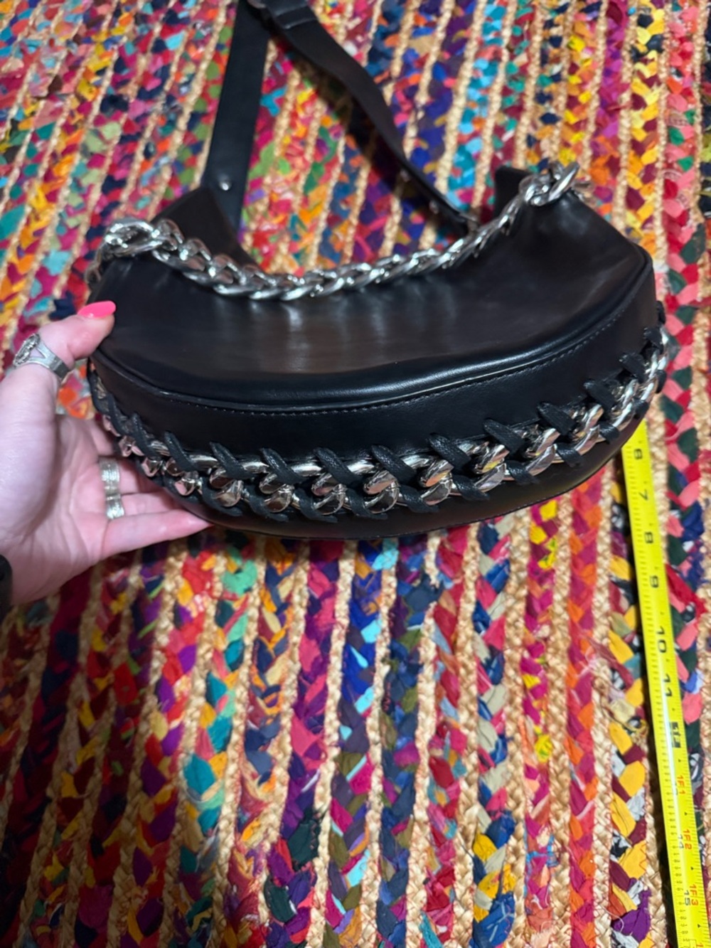 Black Leather Crossbody Bag with Silver Chain Accent - Picture 6 of 8